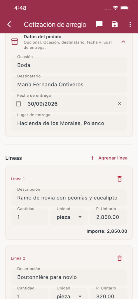 Datos del pedido en cada documento