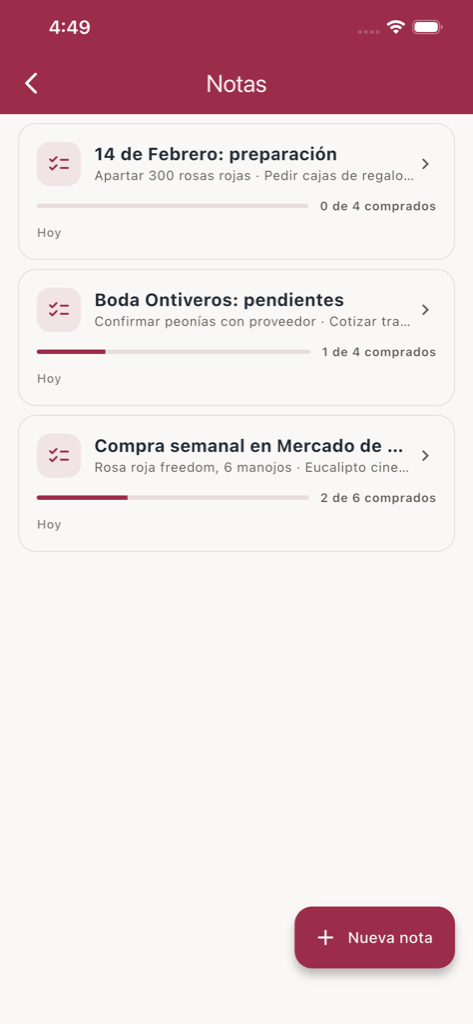 Notas de insumos para cada evento